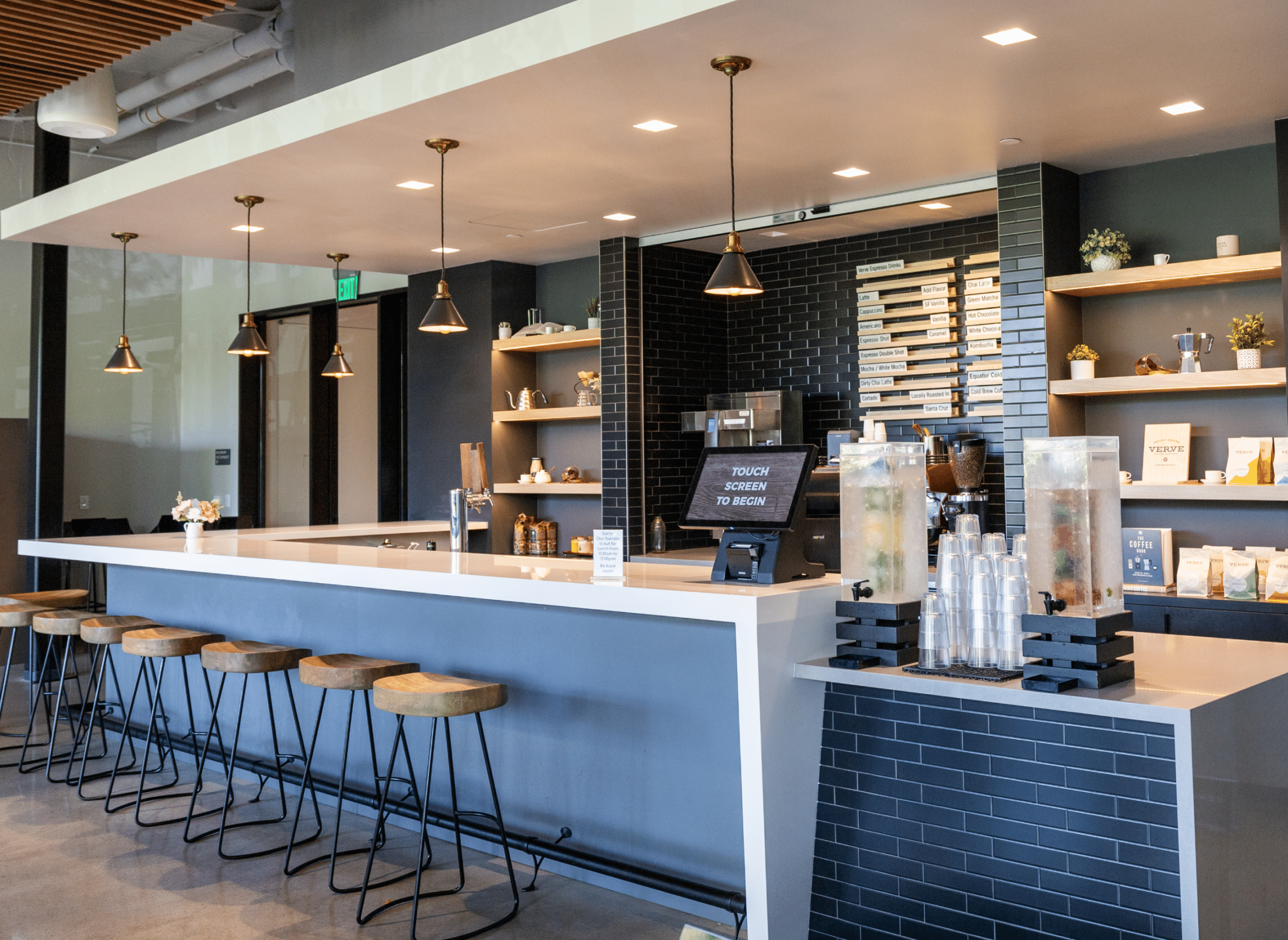Cafe with a dark backsplash