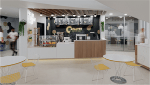 Catalyst coffee bar with tables in front and no one behind the counter
